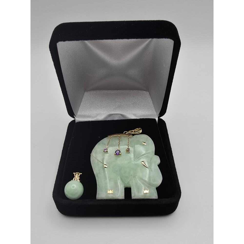 Jadeite Elephant Pendant 14K Gold Amethyst Accents + Jade Ball Charm